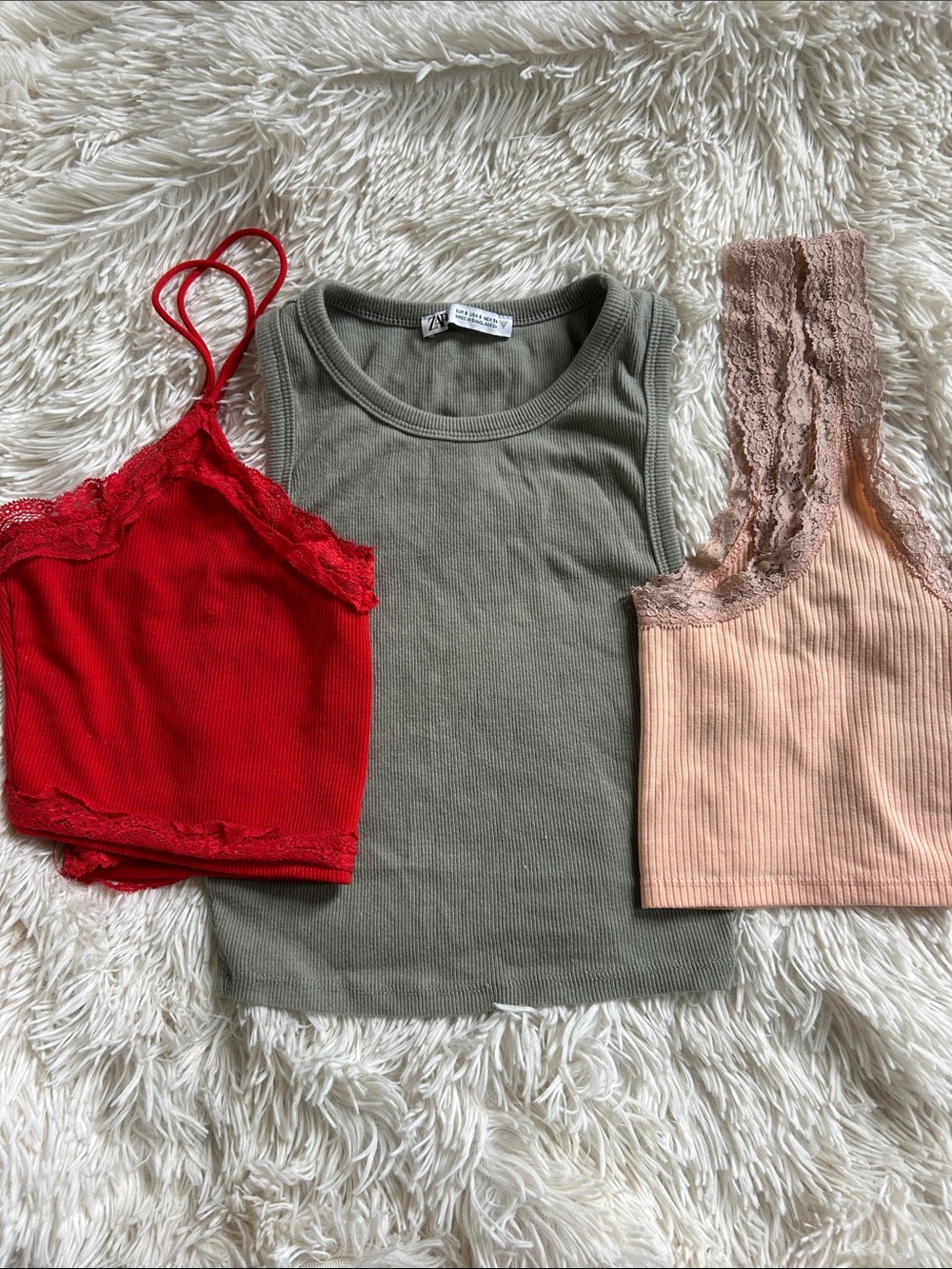 Zara Olive Green Ribbed Crop Tank with Red & Blush Lace Trim Tops